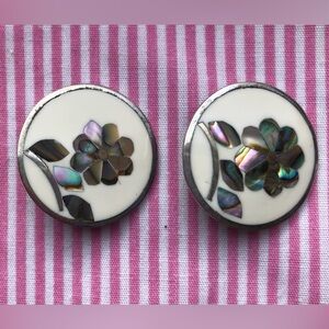 Vintage Sterling Silver Abalone and  Enamel Clip-on Earrings